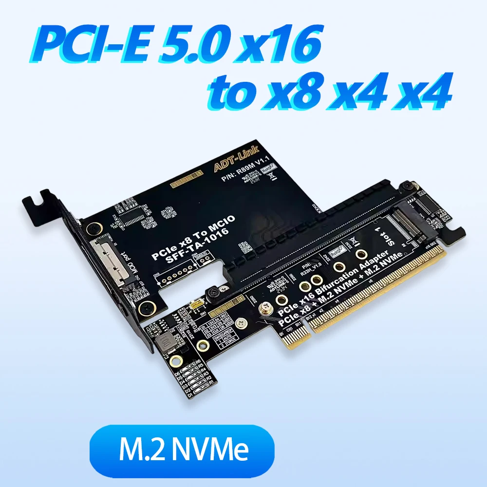 

GEN5 PCIe 5.0 X16 To X8+X4+X4 Split Expansion Adapter Card Riser Half To Full Height Split Card for 22110-2230 M.2 NVMe SSD