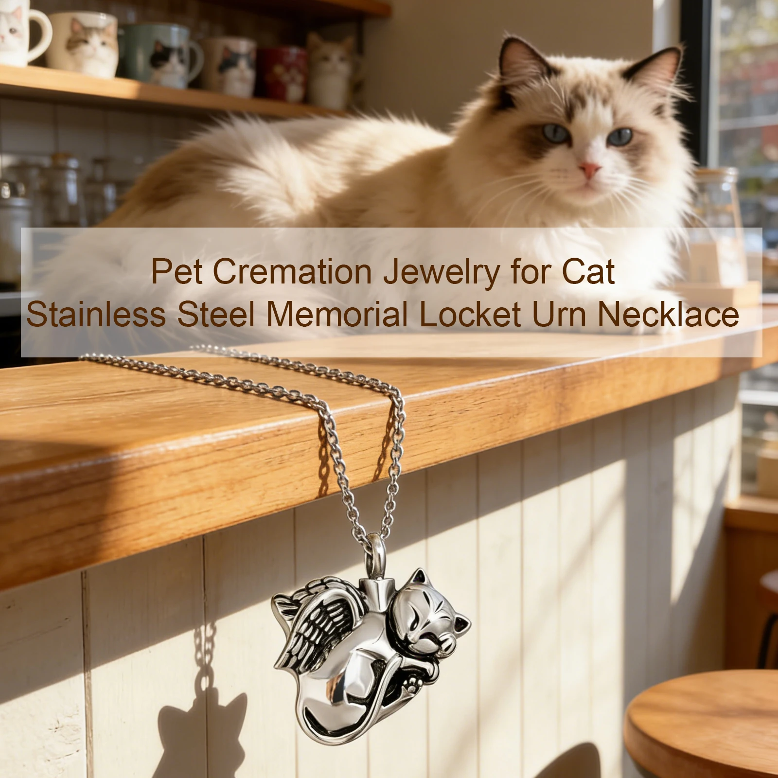 Sleeping Angel Wing Animal Memorial Jewelry Stainless Steel Cremation Pendant Ashes Urn for Pet Cat Keepsake Necklace view 5