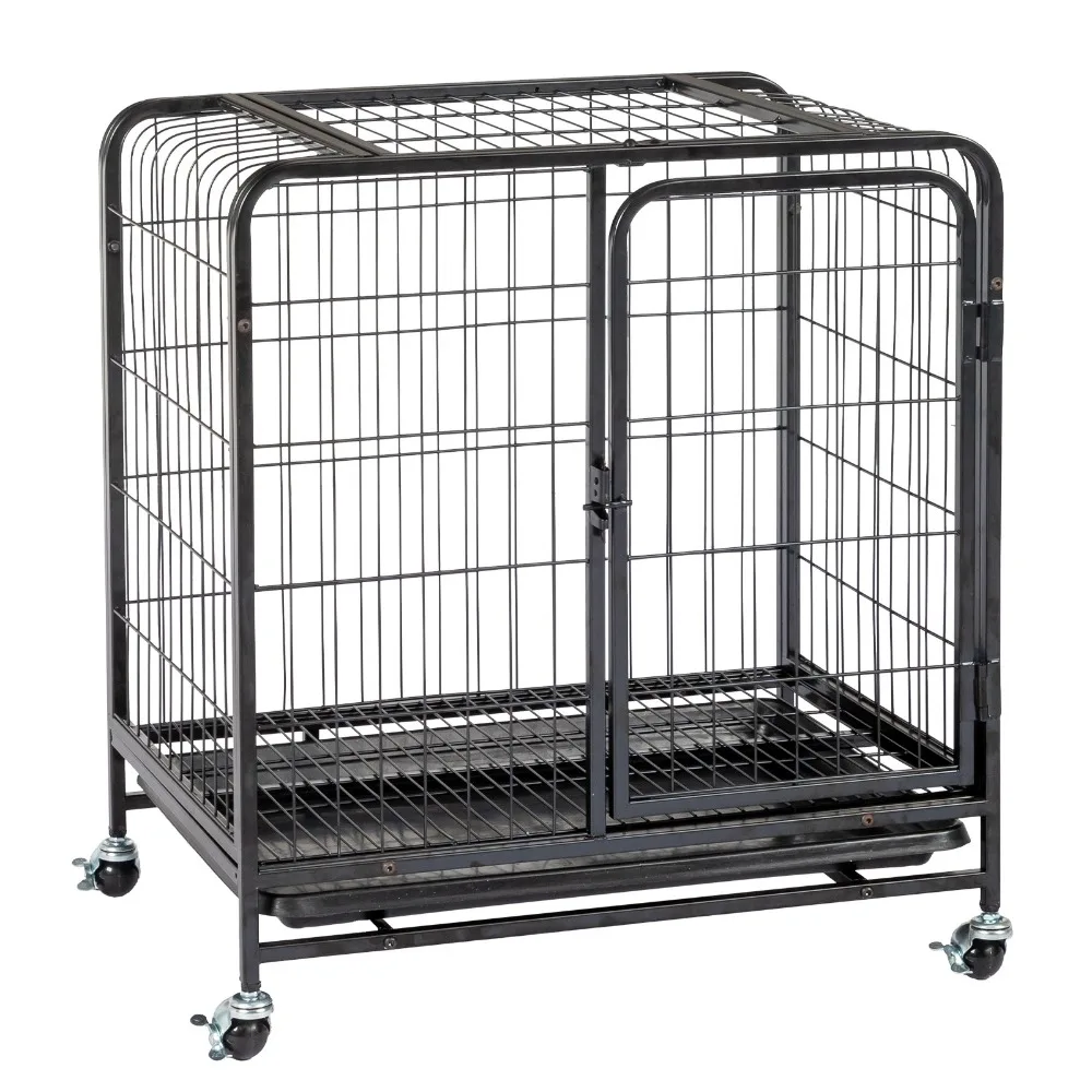 

26 Open Top Metal Dog Crate Cage with Double Door, Lockable Wheel, Plastic Tray