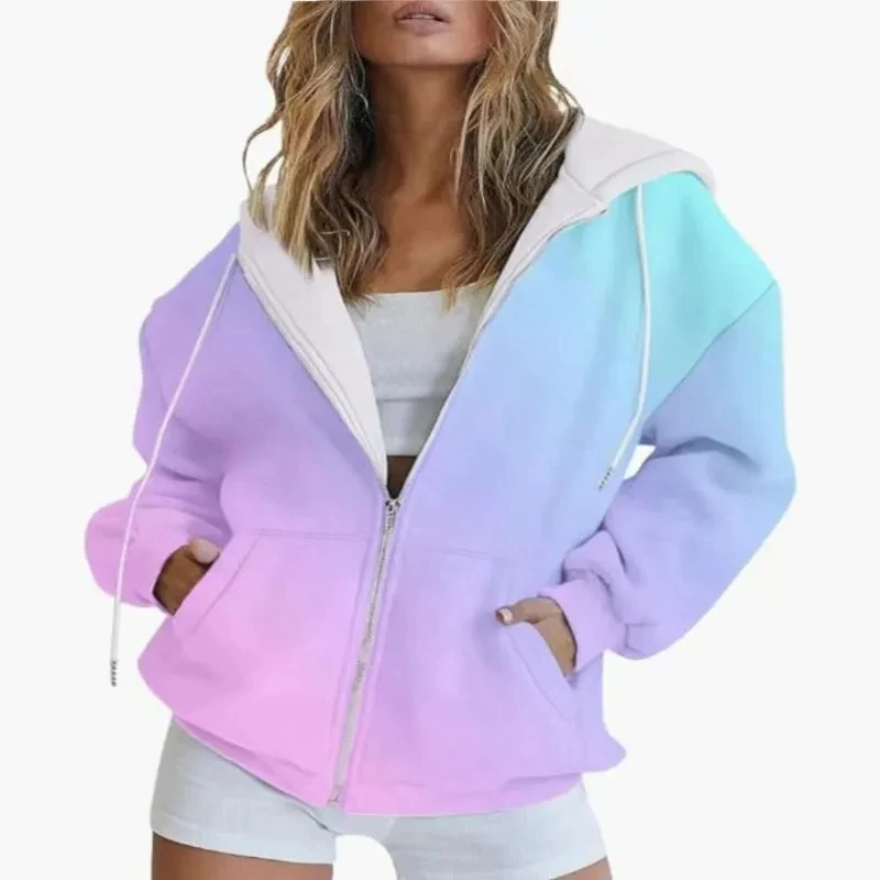 

Casual Long Sleeved Zipper Hooded Sweatshirt Women's Tops New Fall Gradual 3D Printing Loose Fashion Sports Hoodie Female Coat