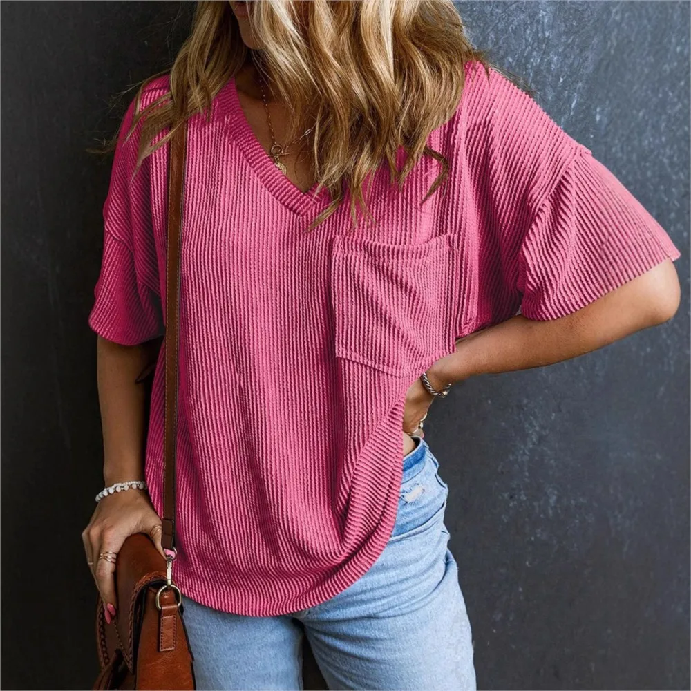 Women's Blouses Summer Fashion Two-color Twisted Bullet Pocket Short-sleeved V-neck Loose Casual Tops For Women New Clothing