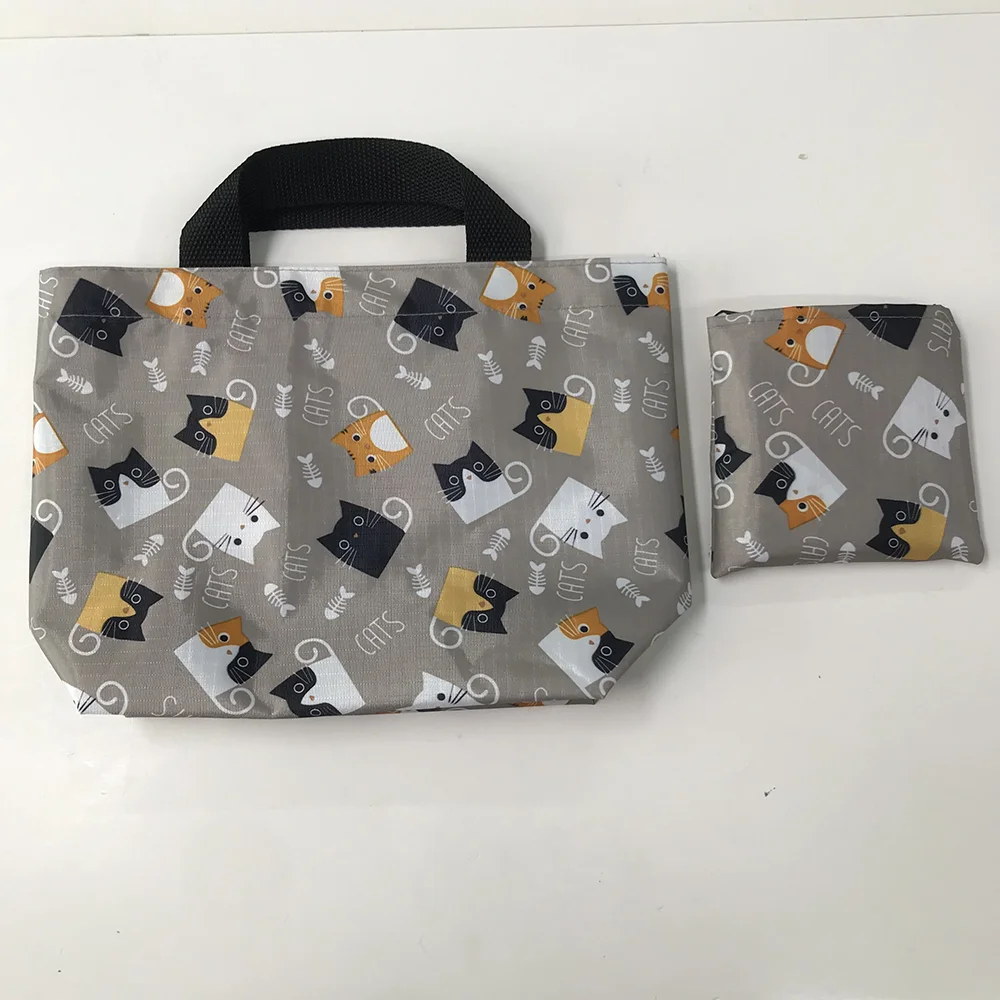 Trendy Promotional Polyester Folding Shopping Bag Eco-friendly Large Capacity Storage Tote Bag Full-page Print with PVC  Layer