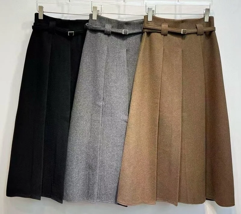 Gonne lunghe di nuovo arrivo 2025 Moda invernale Donna Cintura Patchwork Casual Party Lungo Maxi Khaki Grigio Nero Gonne a pieghe di lana
