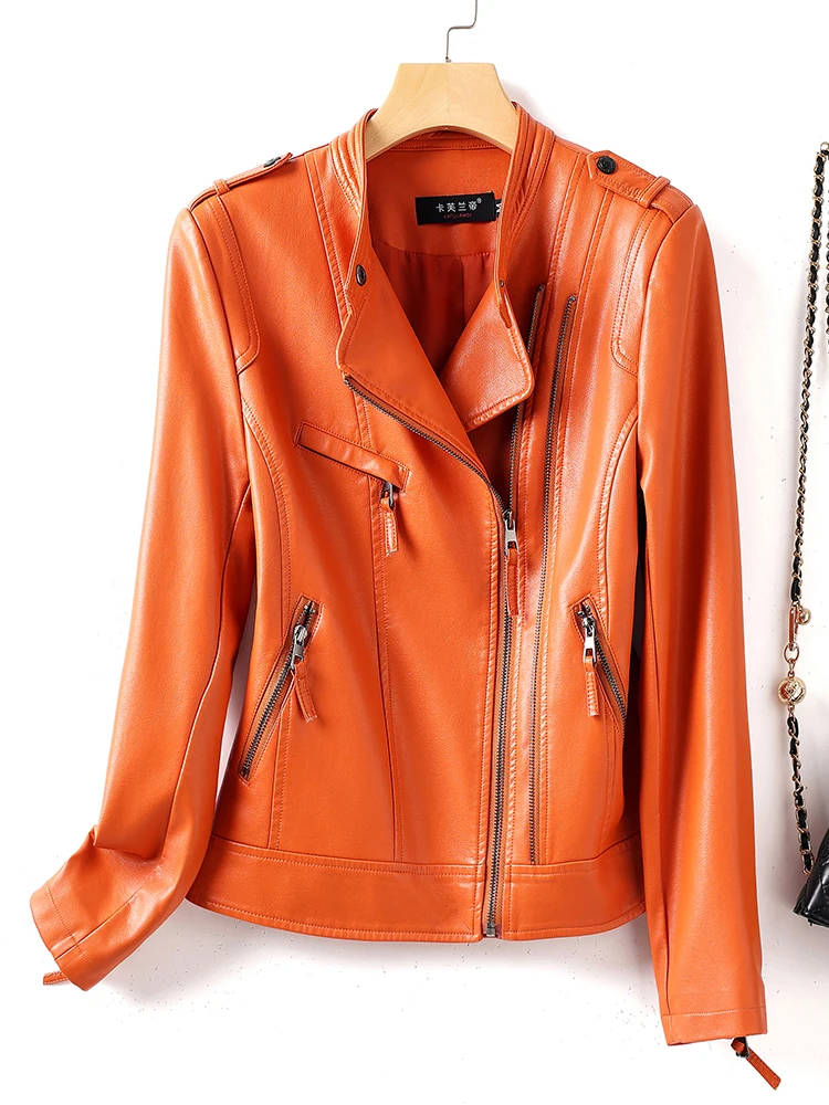 جاكيت نسائي من جلد الغنم الأصلي، بقصة ضيقة، بتصميم راكب الدراجات النارية الكوري العتيق، ملابس خارجية صغيرة بسحاب، مناسب للتنقل اليومي.