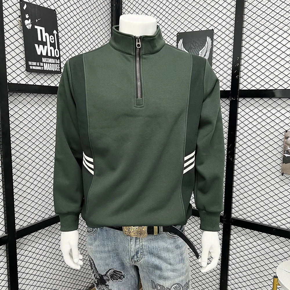 Half Zipper Fashion Men’s Hoodie Winter New causal Color block Male Sweatershirts Long Sleeved Green Popular Homme Clothing Tops