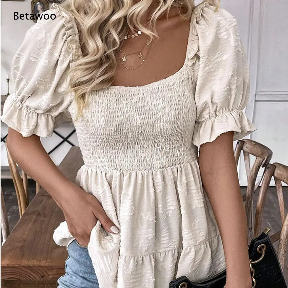 Women Square Neck Puff Sleeve Shirred Bodice Ruffle Hem Peplum Top Loose Fit Textured Casual Blouse Sweet Feminine Outfit