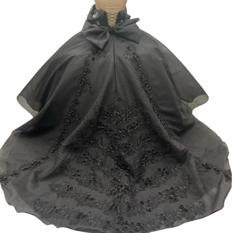 Real Picture Gothic Black Quinceanera Dresses Off Shoulder Lace Applique Bow Vetido De xv 15 Anos Prom Pageant Gown Sweet 14 16