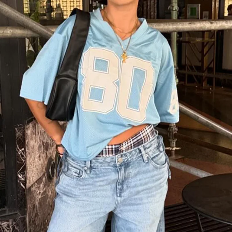 Y2K Retro Women T-shirt Short Sleeve V Neck Contrasting Numbers Print Summer Oversized Pullover Tops Streetwear for Casual Daily