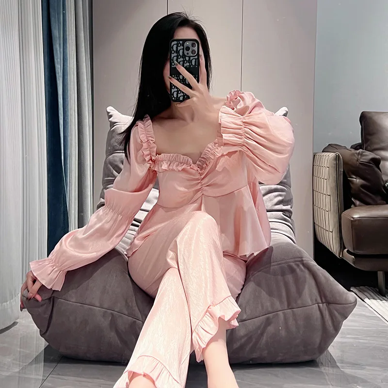 Spring Autumn Pajamas Women\'s 2024 New Long sleeved Pants Thin Home Solid Pijamas Home Nightwear Homewear