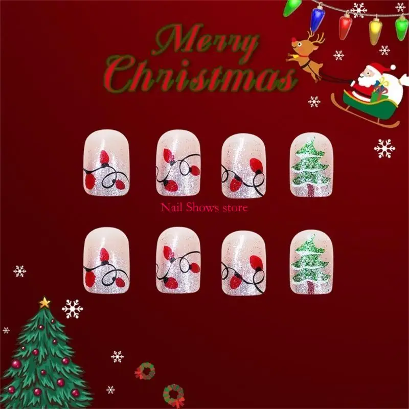 E0BC 24 PCS Pressione Christmas On Nails Glittering False Nails Square Artificial Nails