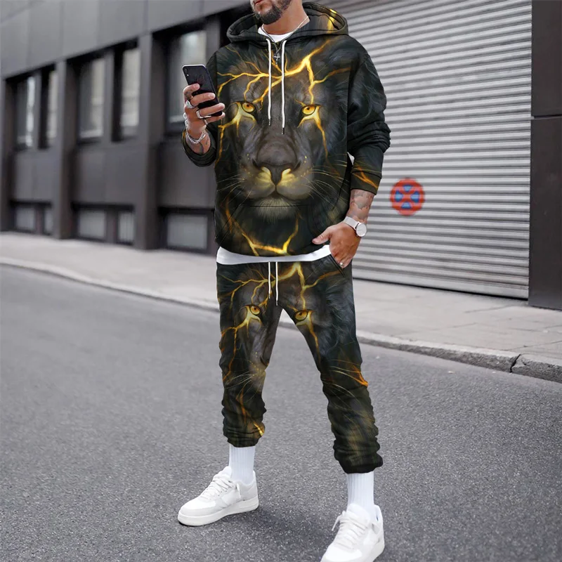 3D Print Lion Oversized Sportkleding Trainingspak Trui Hoodies Lange Mouwen Sweatshirt Joggingbroek Sets Man Winter Herenkleding