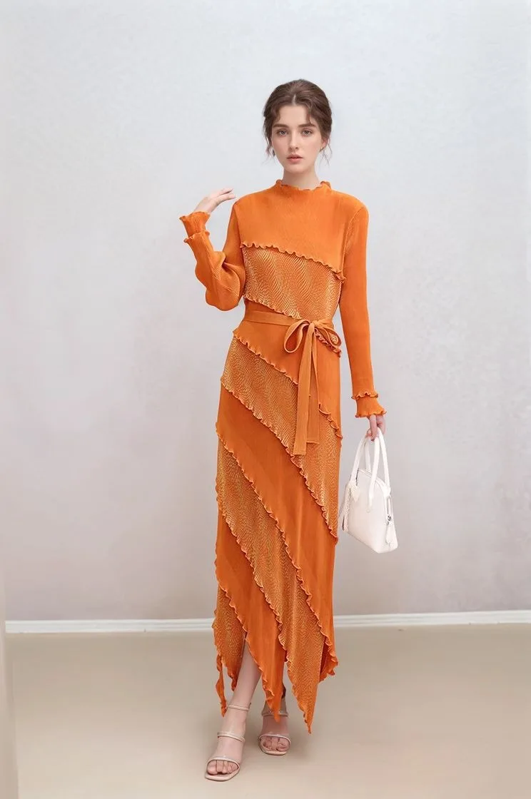 فستان ماكسي مطوي للنساء بأكمام طويلة وكشكشة متدرجة للحفلات المسائية فستان بوهو أنيق للحفلات المسائية