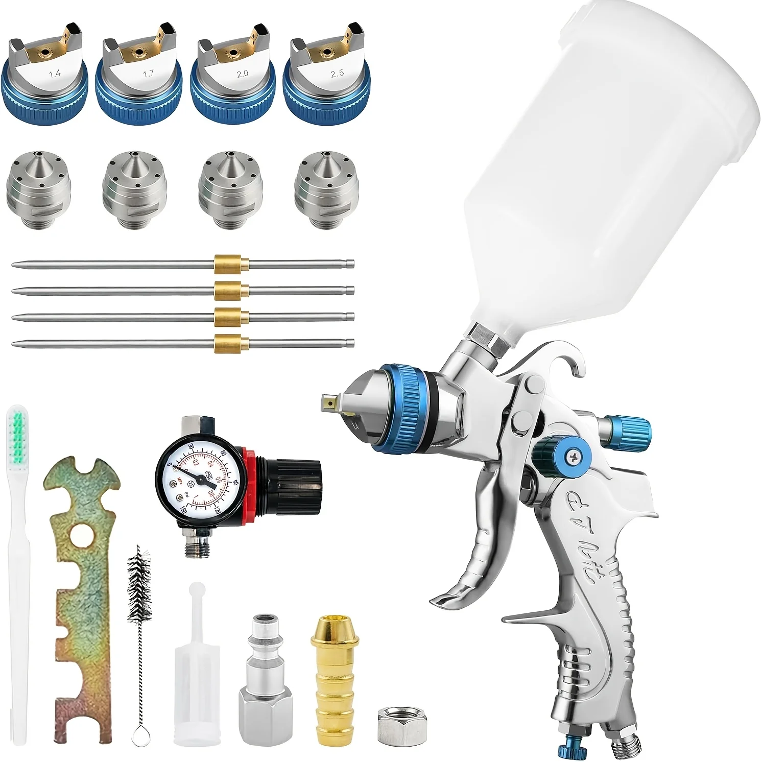

LVLP Spray Gun H2008 1.4/1.7/2.0/2.5mm Nozzle and Air Pressure Regulator Gauge Professional Gravity Feed Paint Gun Sprayer
