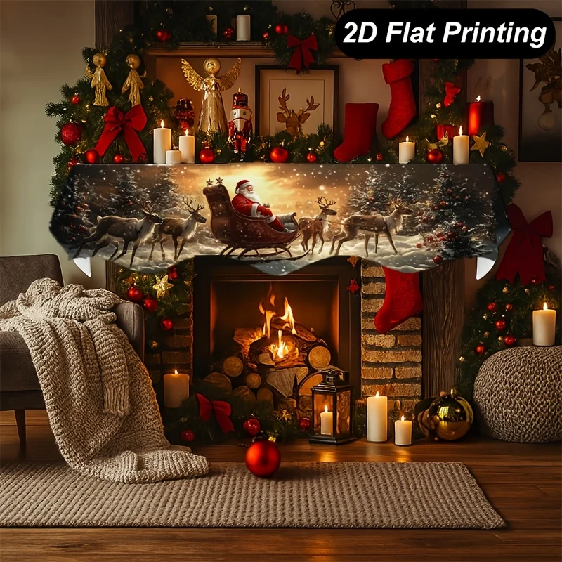 VIKAMA Christmas Fireplace Mantel Scarf Santa Sleigh Reindeer Snow Scene Mantel Topper Xmas Holiday Fireplace Home Indoor Decor