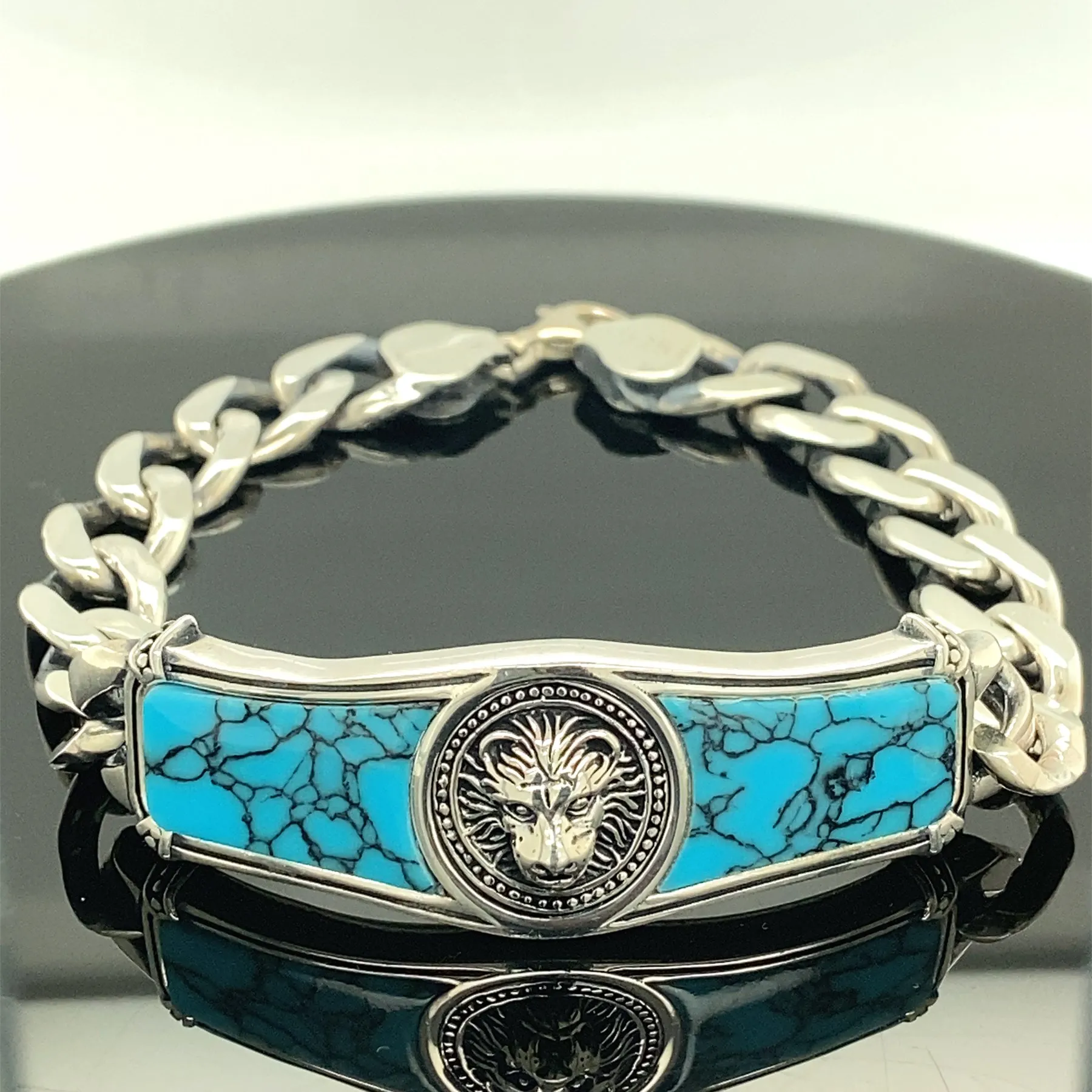 Silver Lion Bracelet , Handmade Lion Head Bracelet , Chain Link Tag Bracelet , Turquoise Stone Bracelet , 925k Sterling Silver B