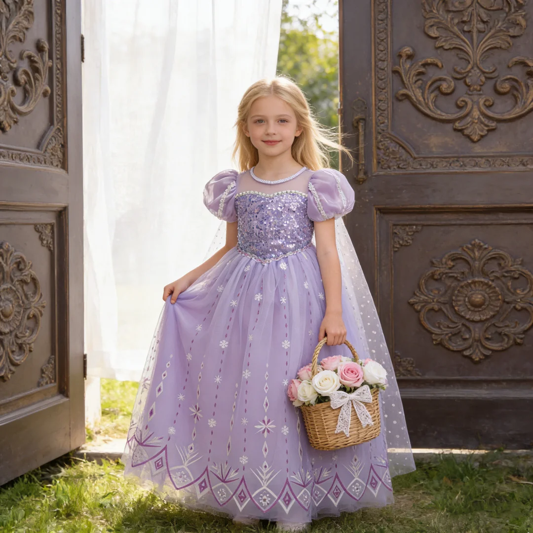8pcs New Young Girls Frozen Elsa Party Dress Girl 2024 Cosplay Princess Gown Kids Snowflake Ice Fashion Clothes Fluffy Costumes