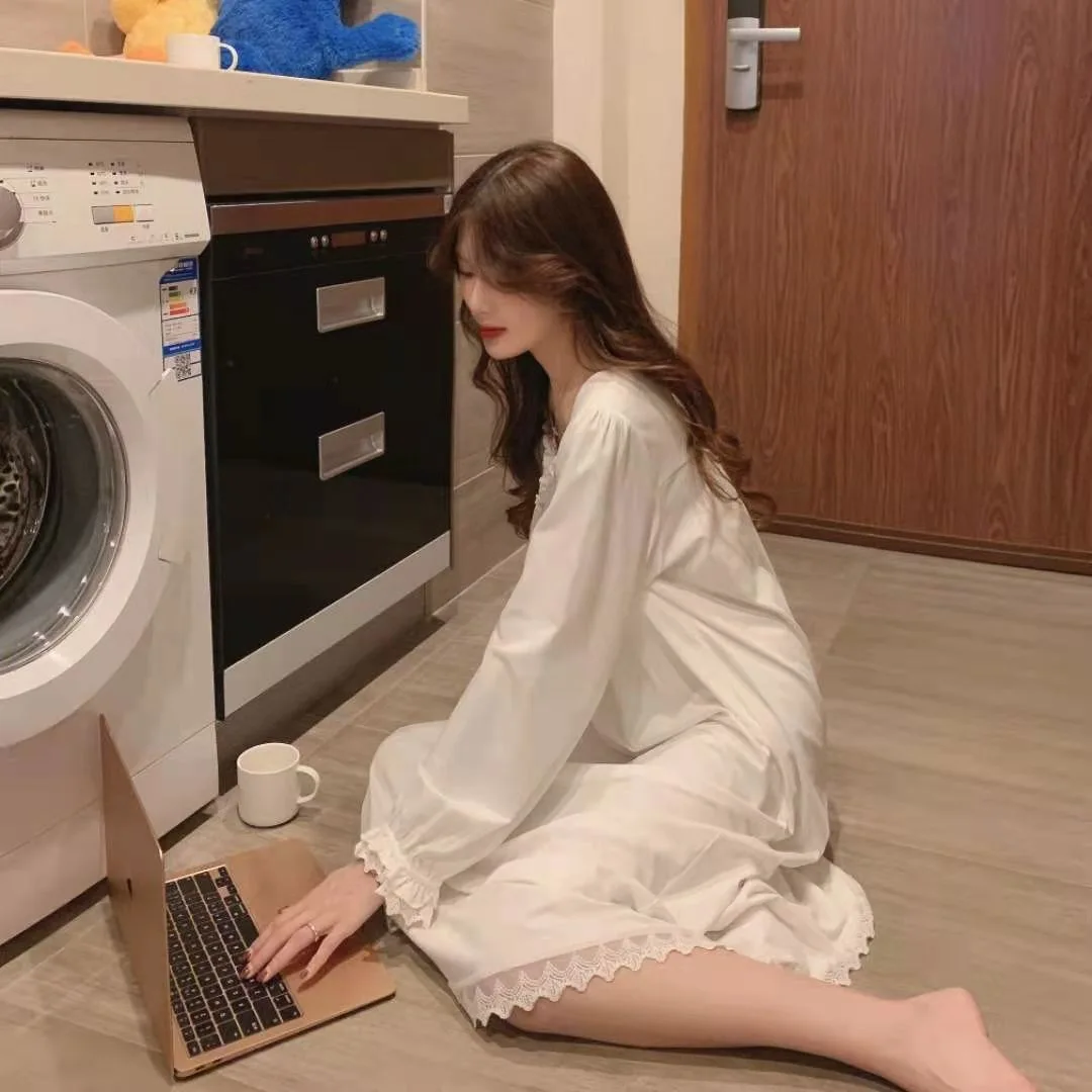 Women\'s Clothing Four Seasons Long-Sleeved Princess Nightgown Girls Lace Court Style Pajamas Korean Loose Plus Size Homewear