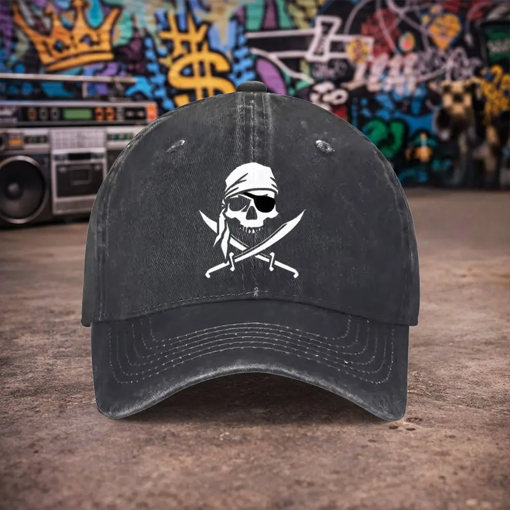 1pc Unisex Pirate Skull Vintage Washed Baseball Cap - Men'S Trendy Hat - Versatile Duckbill Cap - Fun Print - Unique Birthday Gi