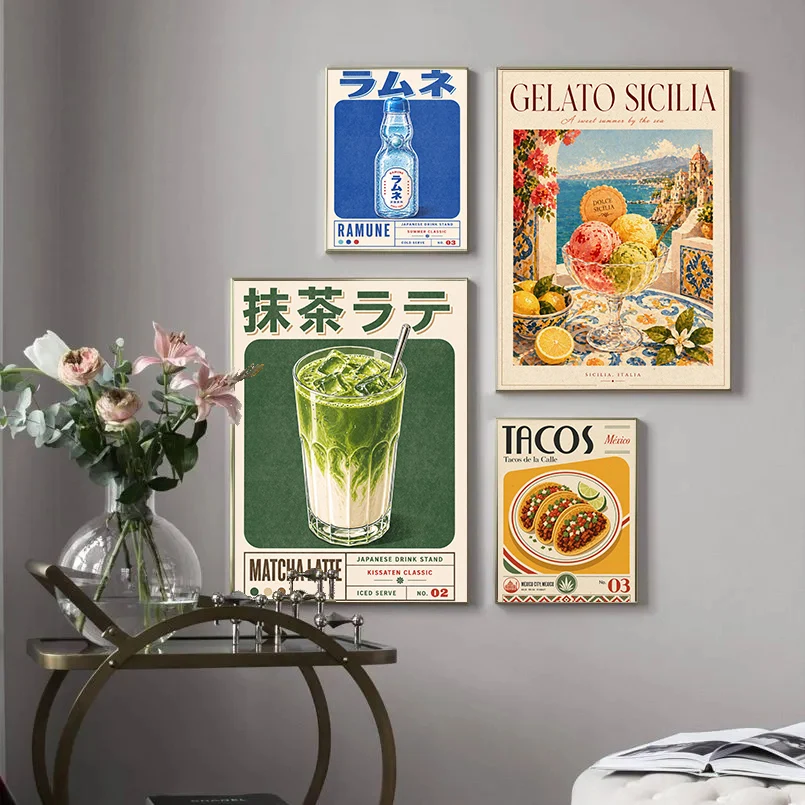 Global Pantry Food Vintage Kitchen Poster Tacos Dolce Vita Japanese Soda Prints Canvas Painting Wall Art Picture Home Room Decor