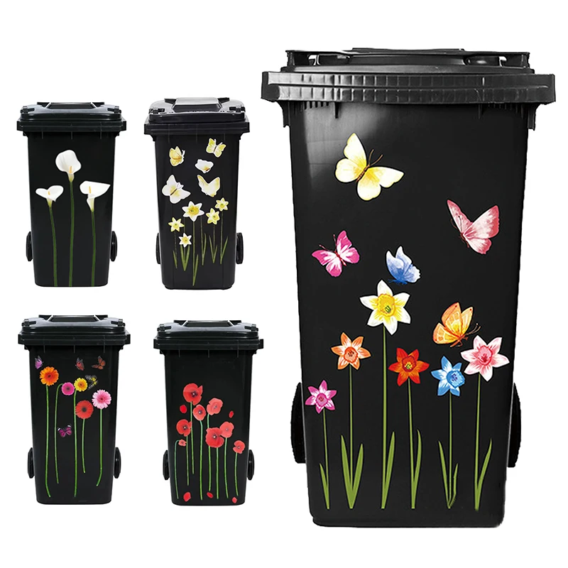 Flower Trash Can Stickers Daisy Lily Wheel Garbage Can Sticker Self-Adhesive PVC Decals Waterproof Decorative Sticker Wall Decor view 2