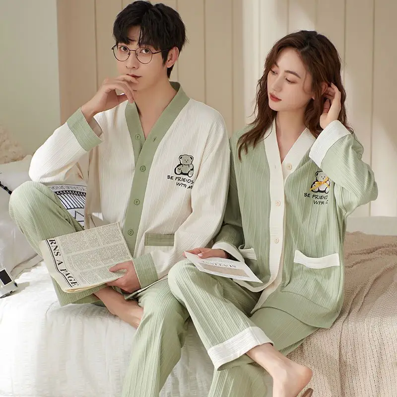 

Couple Pajamas Long Sleeve Single-breasted Cardigan Pants Pajama Sets Cartoon Print Loungewear Trends Men Women Sleepwear New