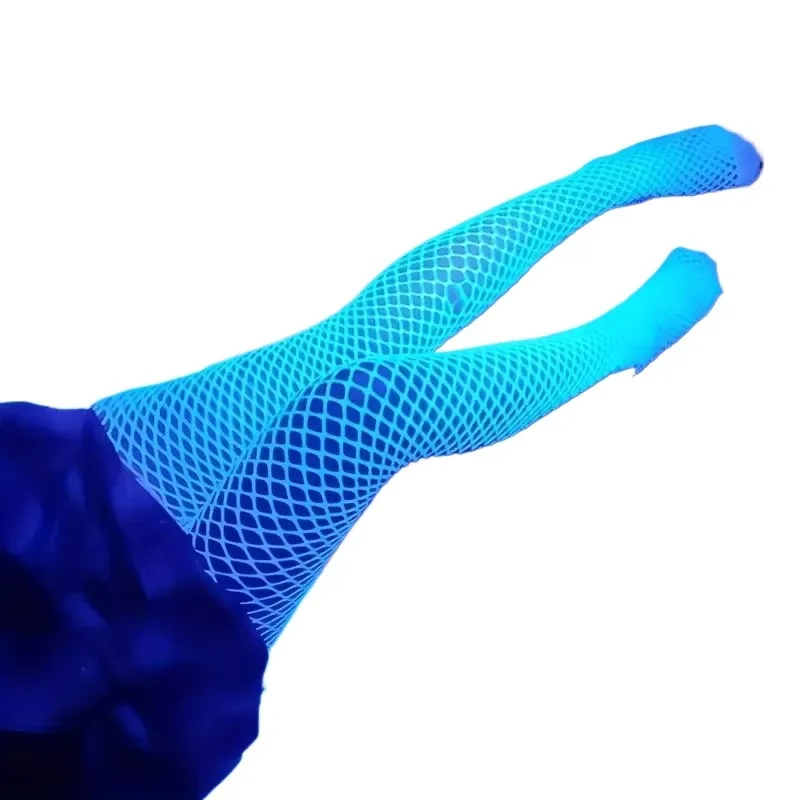 ‌ Brilho escuro collants feminino azul fluorescente fishnet meias rendas oco para fora meias noite clube festa rave meias sexy brilhantes
