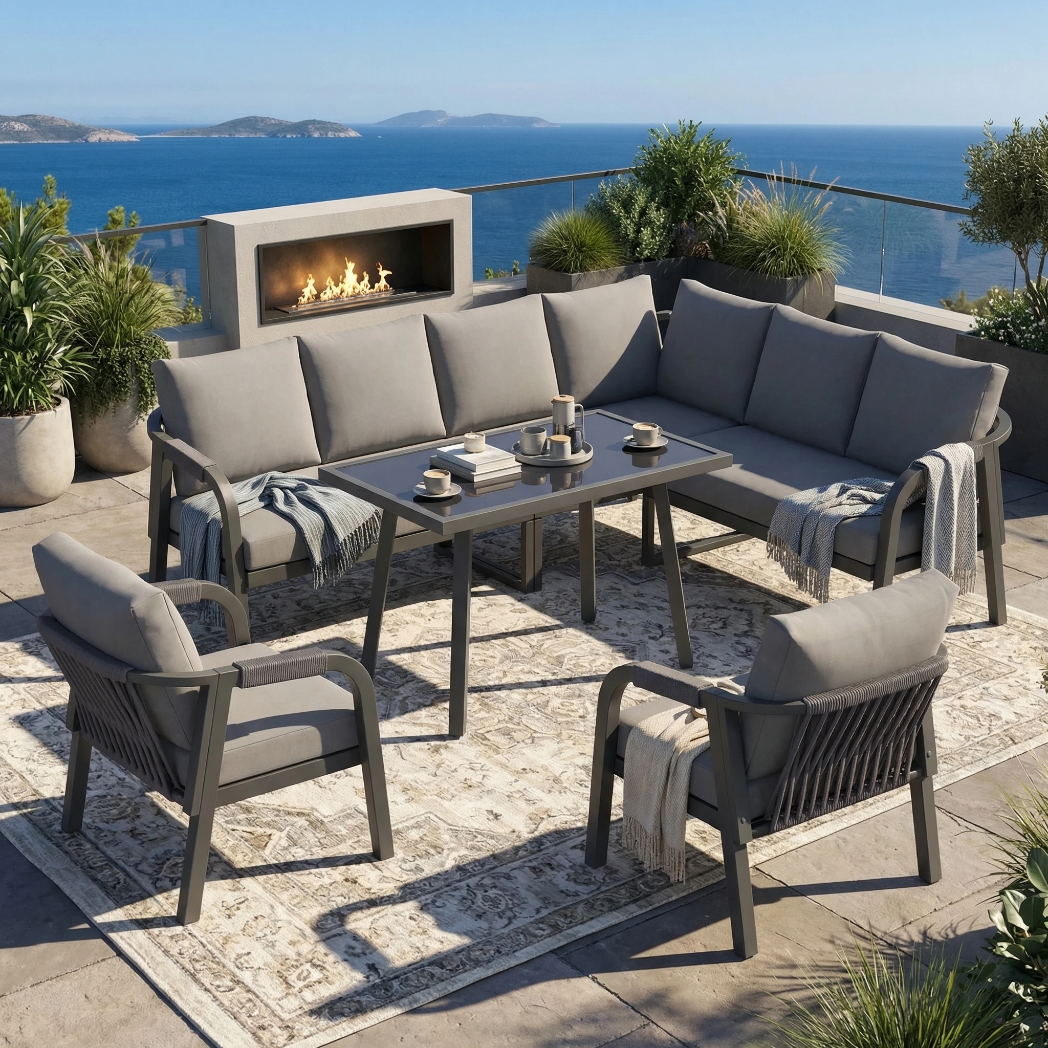 Salon de Jardin extérieur 8 Places avec Canapé d'Angle, Table et 2 Fauteuils, Acier galvanisé anti-rouille, Résistant aux intempéries, Gris
