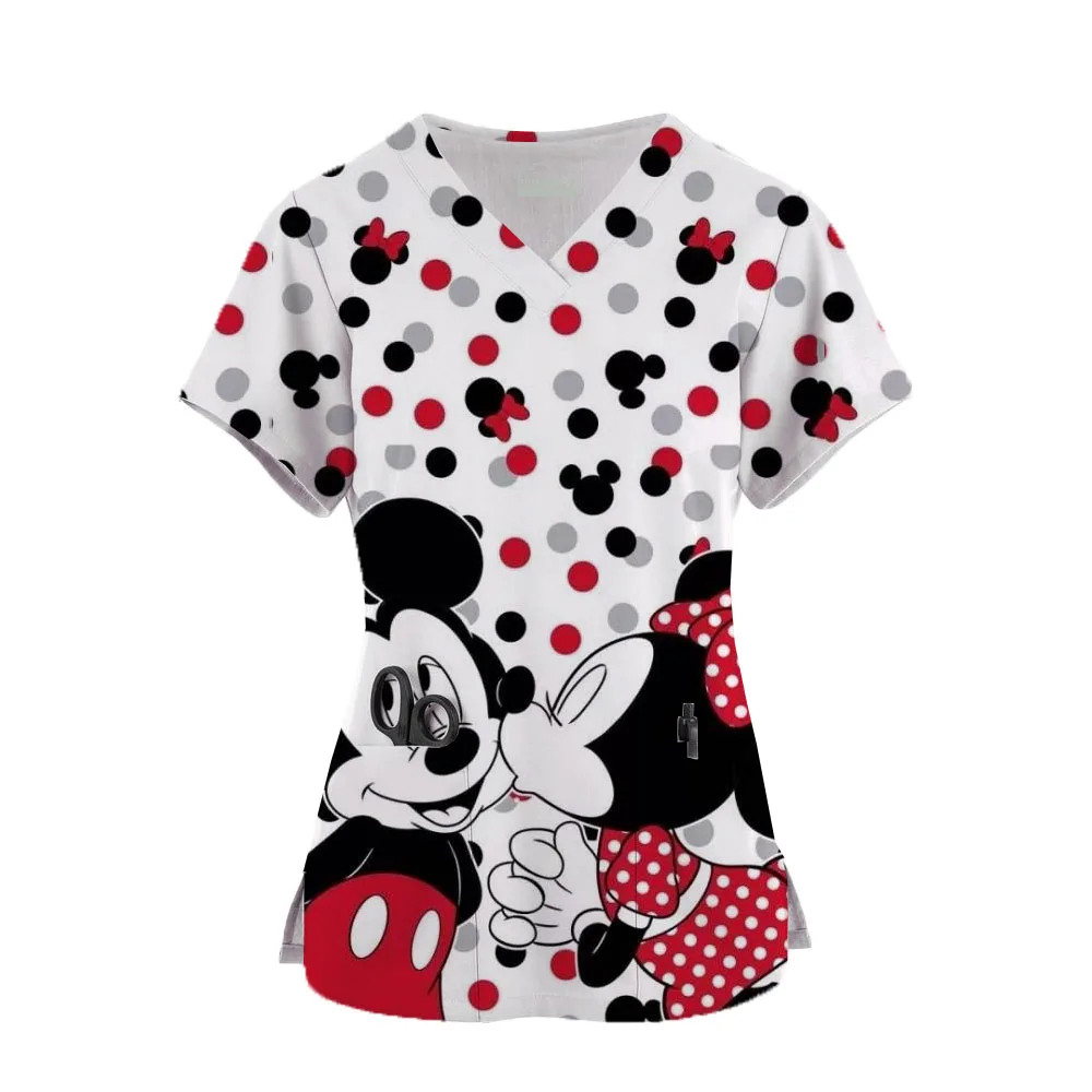 Disney Nurse Uniform Cute Minnie Print Short Sleeve V Neck  Mickey Mouse Workwear Pocket Medical Scrubs Overalls Carer Uniforms