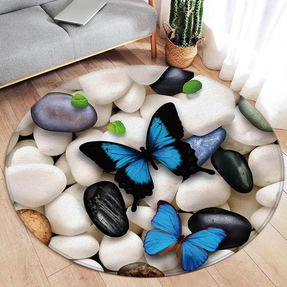 Floral Butterfly Round Carpet Watercolour Flowers Plant Blue Butterflies Pebble Modern Home Living Room Bedroom Decor Floor Rugs