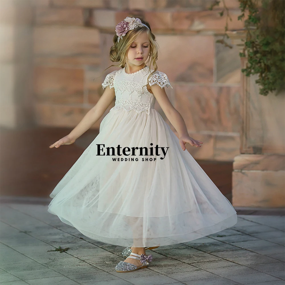 

Boho Flower Girl O Neck A Line Wedding Party Dress Cap Lace Sleeves Birthday Party lined Ankle Length Gown First Communion Dress