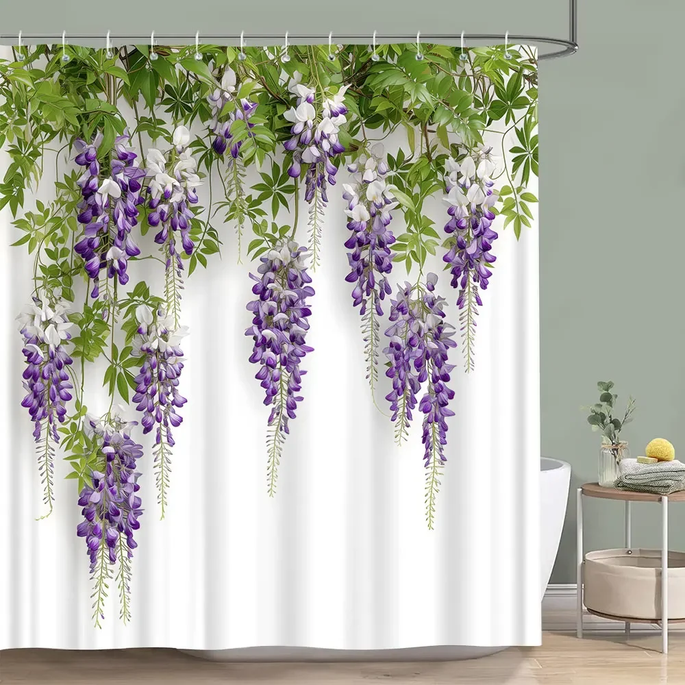 Purple Vineman Botanical Watercolour Shower Curtain Lavender Butterfly Floral Polyester Shower Curtain Bathroom Decor with Hooks