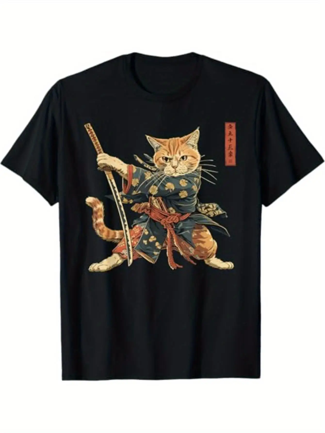 Men's Samurai Cat Japanese Ninja Pattern T-Shirt - 180g Heavyweight T-Shirt, Black with Orange and Blue Details - Casual Everyday Street Style