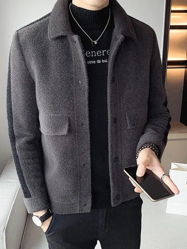 

Men's Winter Thiened ort Woolen Jaet Casual Sle Color Blo Design Faionable And Haome Korean Version Coat