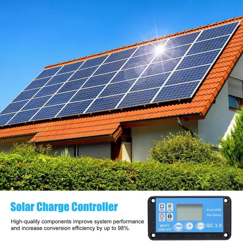 Solar Charger Controller DC 12V/24V Waterproof MPPT Controller LCD Display Dual USB Port Multi-Function Solar Regulator