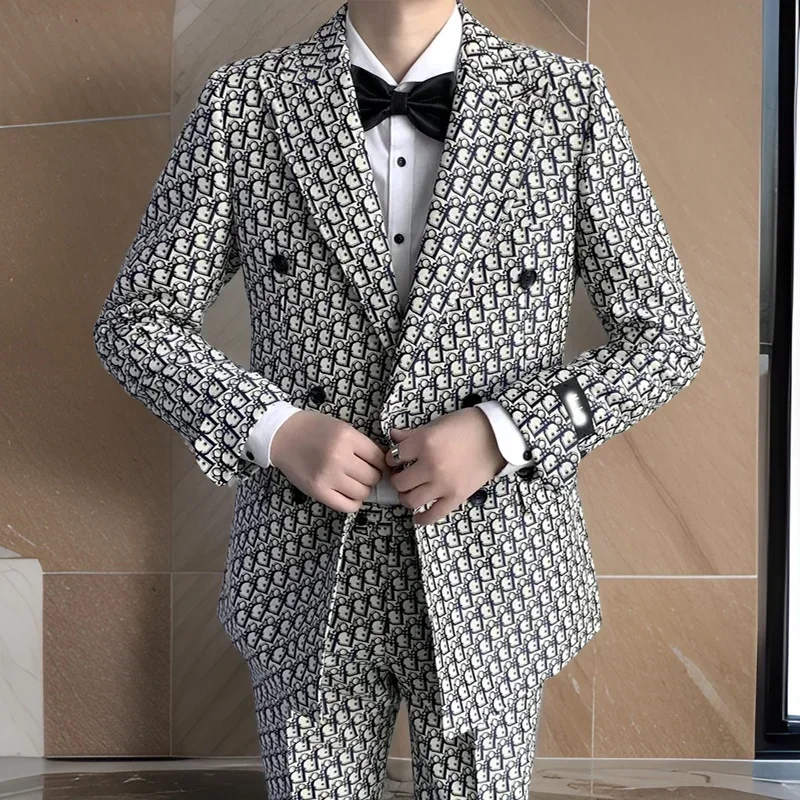 Printed Letter Men Suits Slim Fit Double Breasted Groom Tuxedo 2024 for Wedding 2 Piece Male Fashion Costume Jacket and Pants