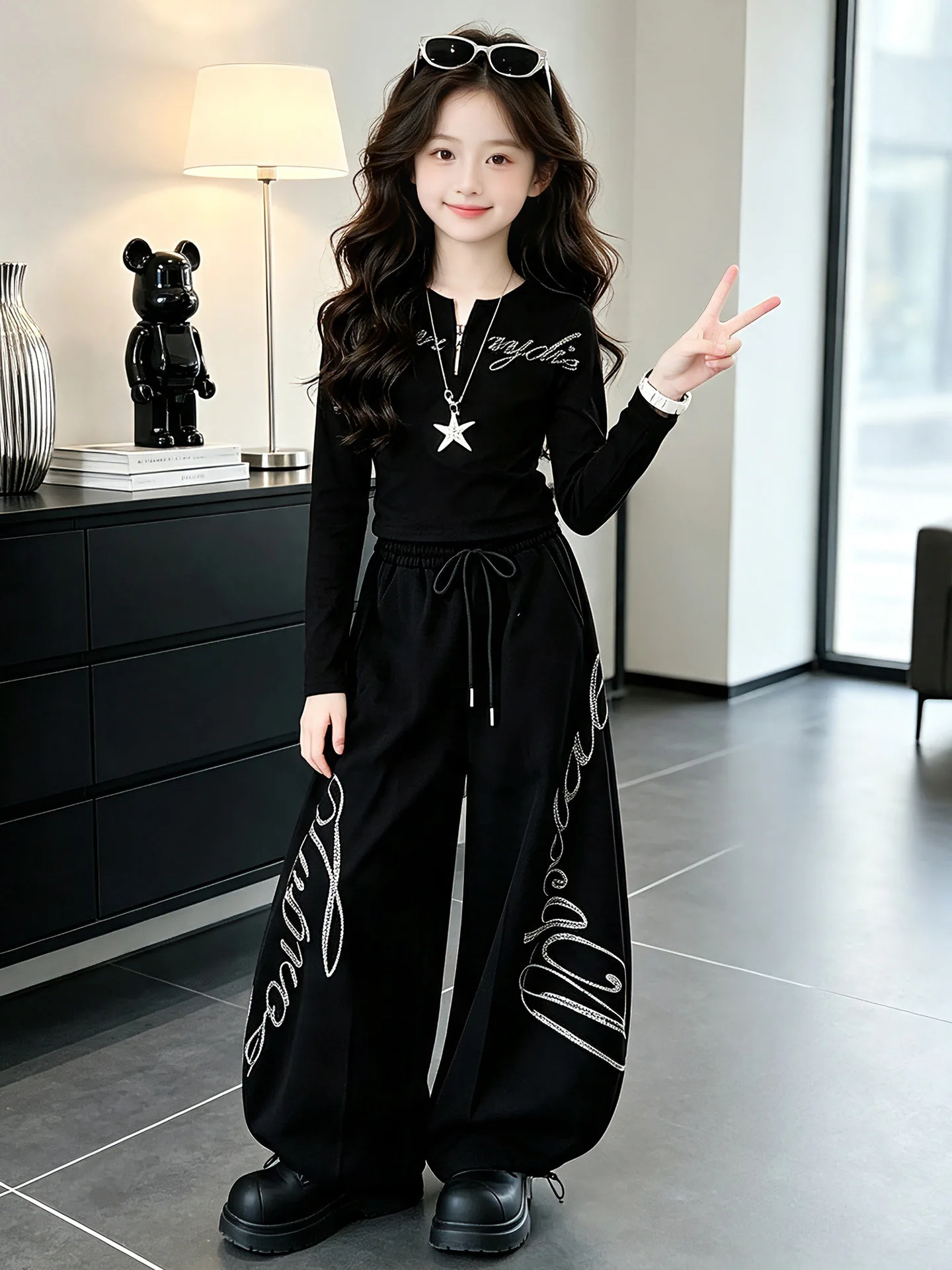 Autumn Winter Girls Children's Tracksuit Set V-Neck Hooded Crop Top And Wide Leg Pants Combo for Teens Letter Print 4-12 Years