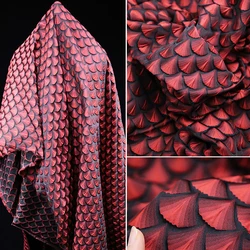 Three-dimensional relief red scale brocade fabric fan-texture jacquard wide dress designer fabric handmade diy  Suit material
