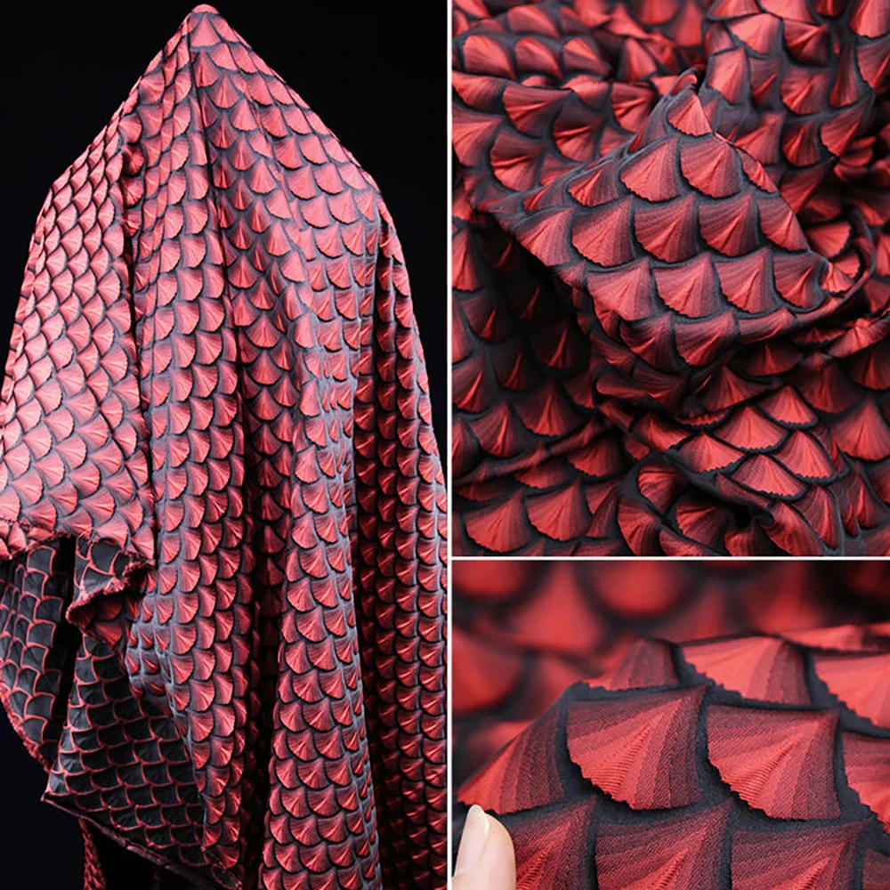 Three-dimensional relief red scale brocade fabric fan-texture jacquard wide dress designer fabric handmade diy  Suit material