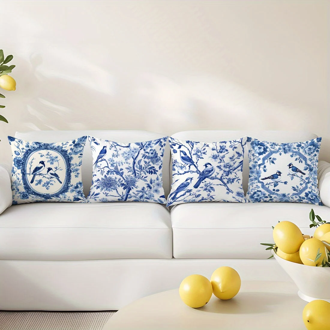 4PCS Digital Print Pillow Covers, Cushion Covers, Blue White Porcelain Flowers Birds Traditional Chinoiserie Outdoor Patio Decor
