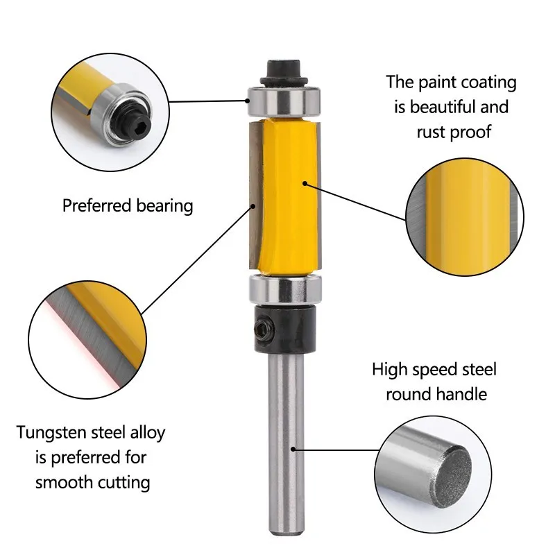 1/4‘’ Shank Straight Router Bit for Woodworking Tools Top & Bottom Bearing Double Bearing Trim Cutter Milling Cutter 