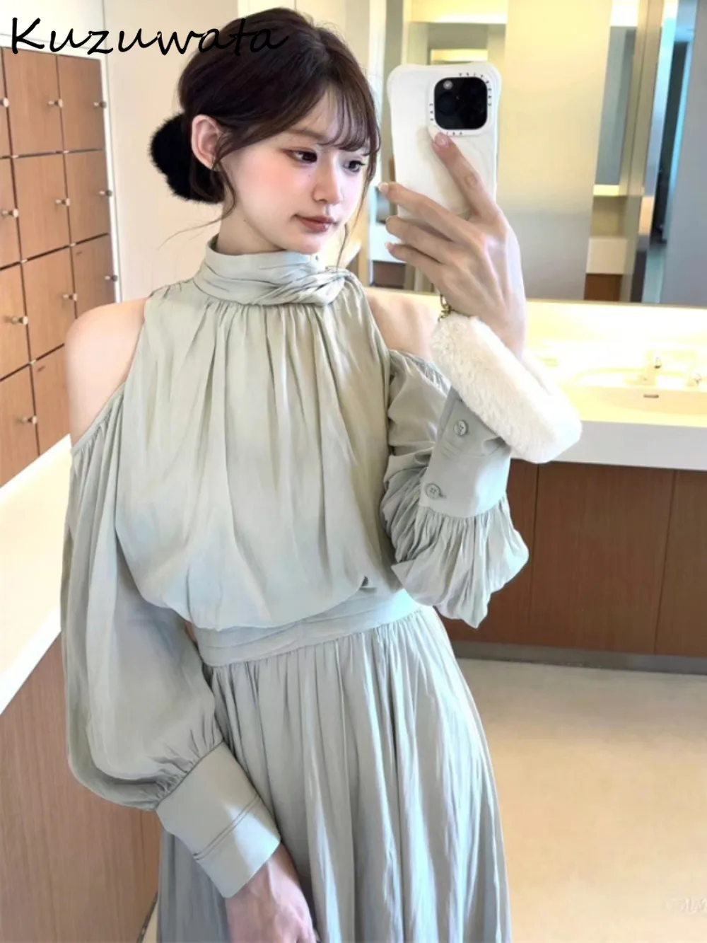 

Kuzuwata Elegant Celebrity Half-high Collar Chiffon Mujer Off Shoulder Lace Up Ruffles Robe Japan Slim Waist Ruched Moda Dresses