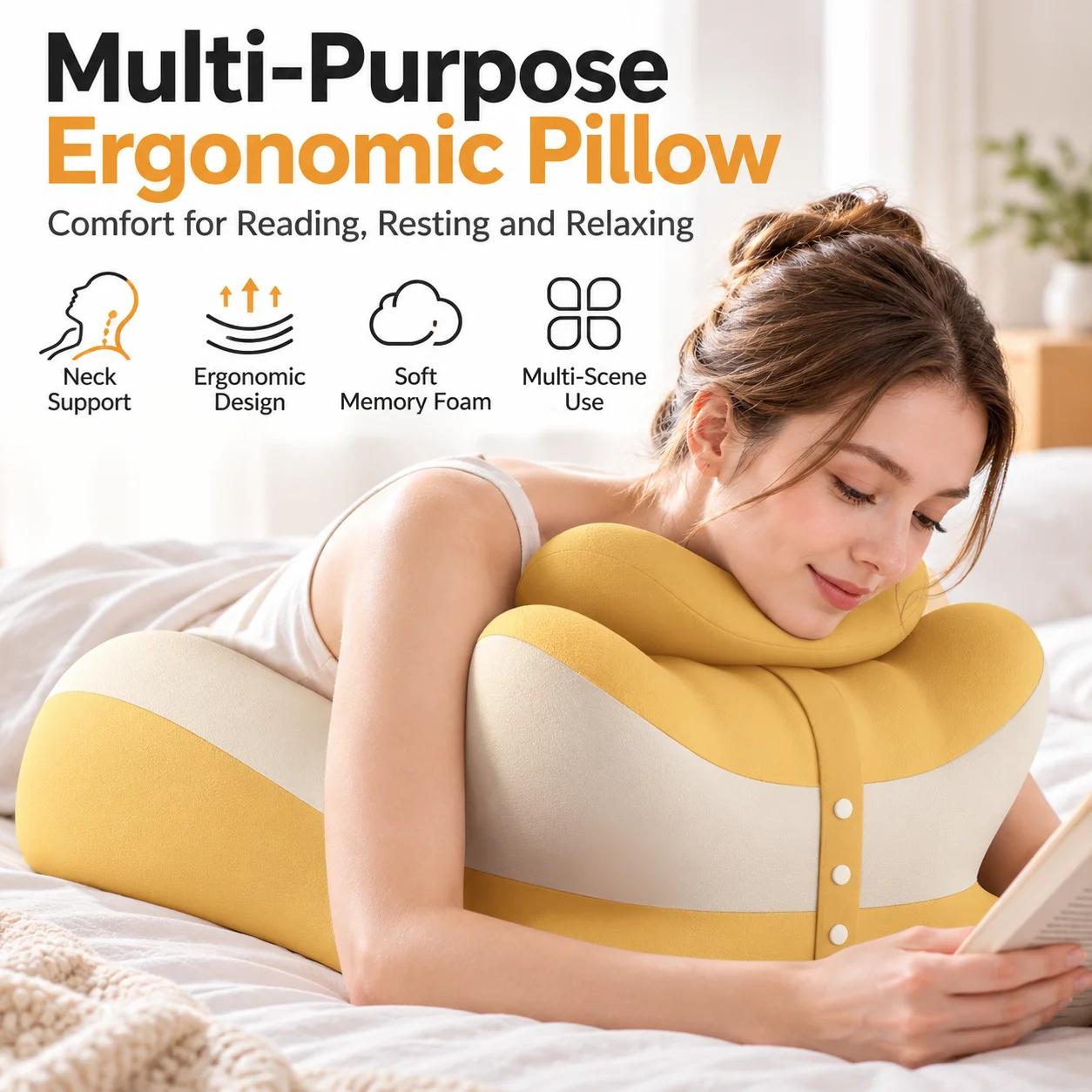 Multi-Functional Bed Wedge Pillow Contoured Memory Foam Support Cushion with Removable Headrest for Prone Rest Back and Legs