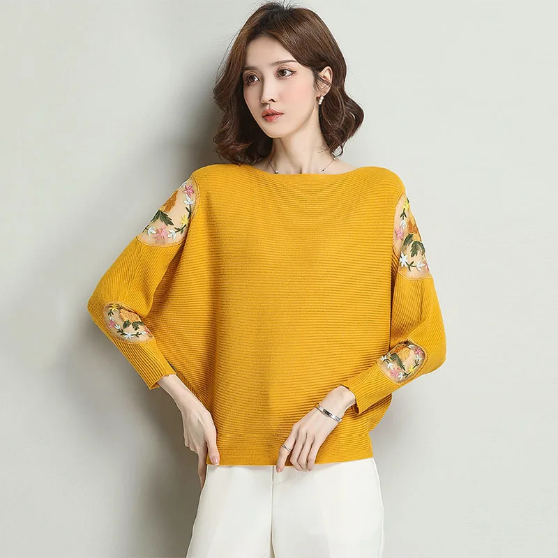 Women Autumn Bat Wing Sleeve Knitted Pullover Causal Loose Female Slash neck Pull Jumpers  Korea Tops Sueter mujer