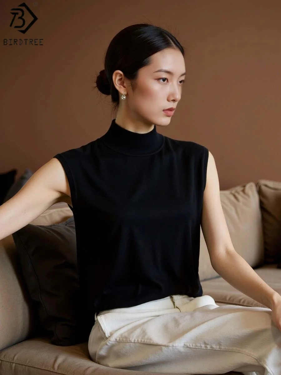 

Birdtree 100% Sheep Wool Bottoming Sweater,Woman Mock Neck Sleeveless Undershirt,2025 Autumn Warmth Basics Knitwear T59629JF