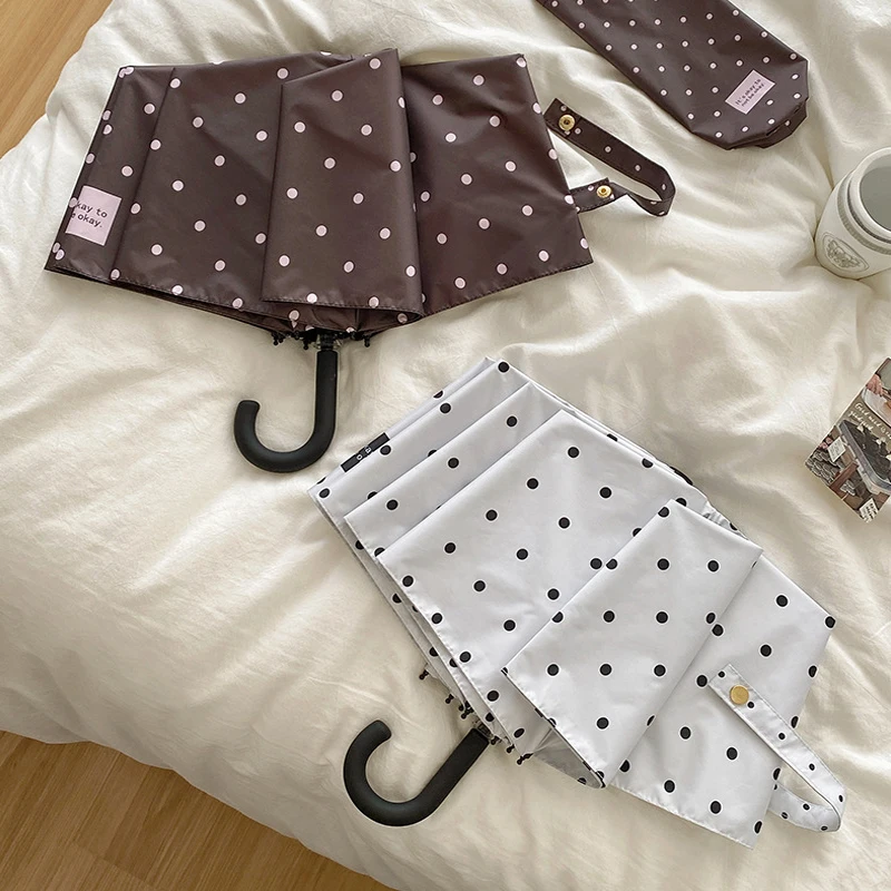 

Korean Style Polka Dot Folding Umbrella UV Protection Sun Parasol Portable Hook Lightweight Handle Rain Sun Dual Use Umbrella