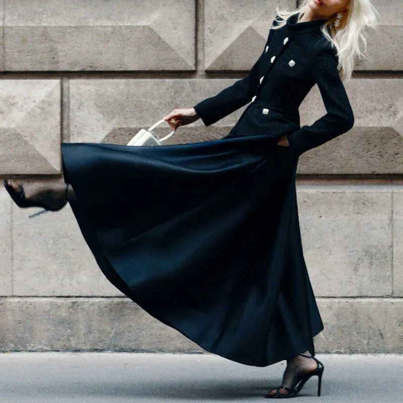 فستان نسائي أسود من التويد بأكمام طويلة ورقبة دائرية عتيق أنيق من فيستدوس ضيق عالي الخصر ملابس أنيقة للسيدات