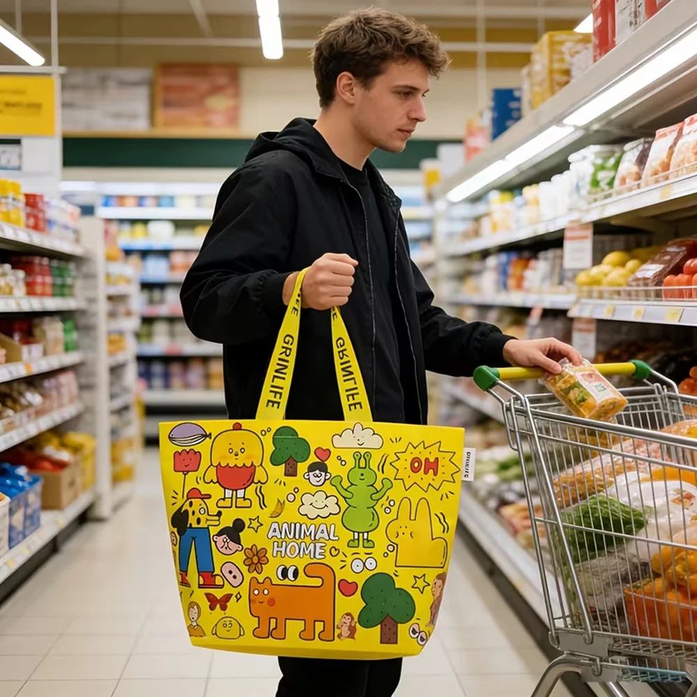 Large Reusable Shopping Tote Bag - Durable, Easy to Clean, Waterproof, and Foldable, with a Cute Zoo Design and Multifunctional Shoulder Strap Suitable for All Occasions - Perfect for Groceries, Storage, Gym, and Gift-Giving