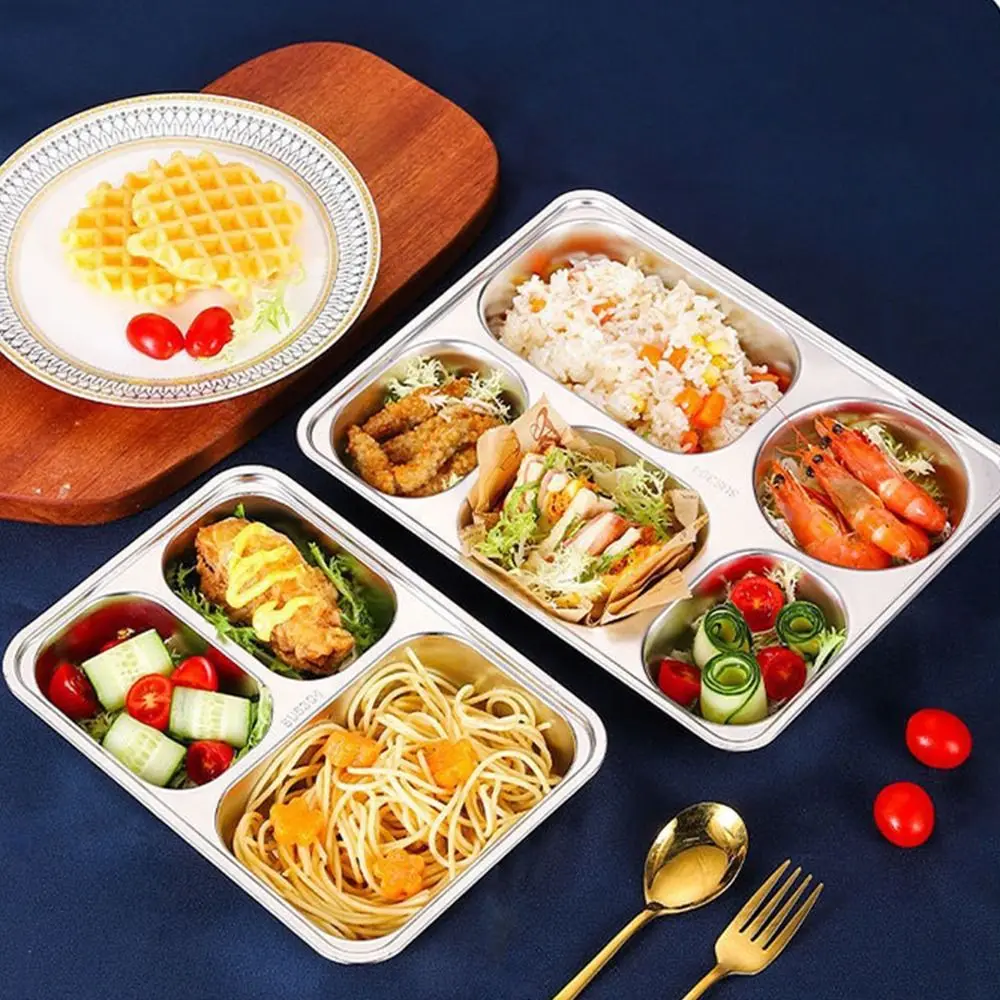 

Odorless Stainless Steel Divided Lunch Box with Lid Rectangular Fast Food Plate Food-Grade Stackable Divided Dinner Tray Travel