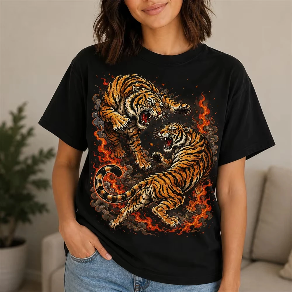Japanese Harajuku Retro Tee Vintage Dragon Tiger Print T-shirt Cool Flame Design Short Sleeve T Shirts Casual Loose Streetwear