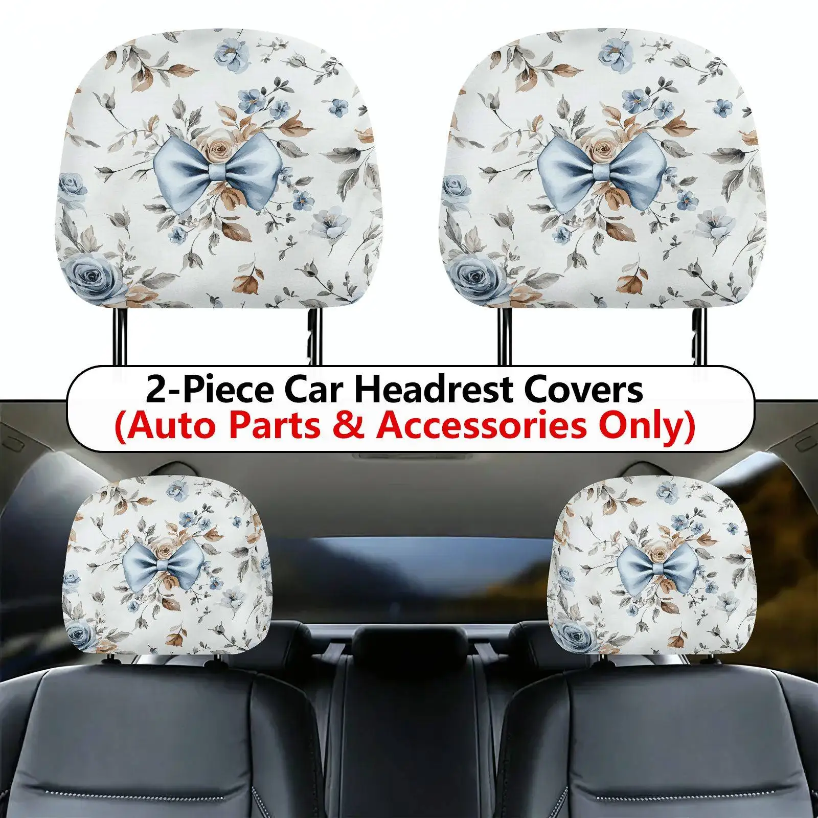 Set of 2 Car Headrest Covers Featuring a Floral Bow Design Providing Seat Protection with a Highly Elastic Construction